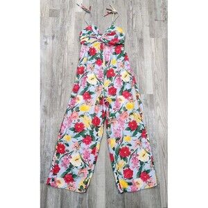 Old Navy Jumpsuit Women Multicolor Floral Linen Blend Jumpsuit Twist Front Szs M